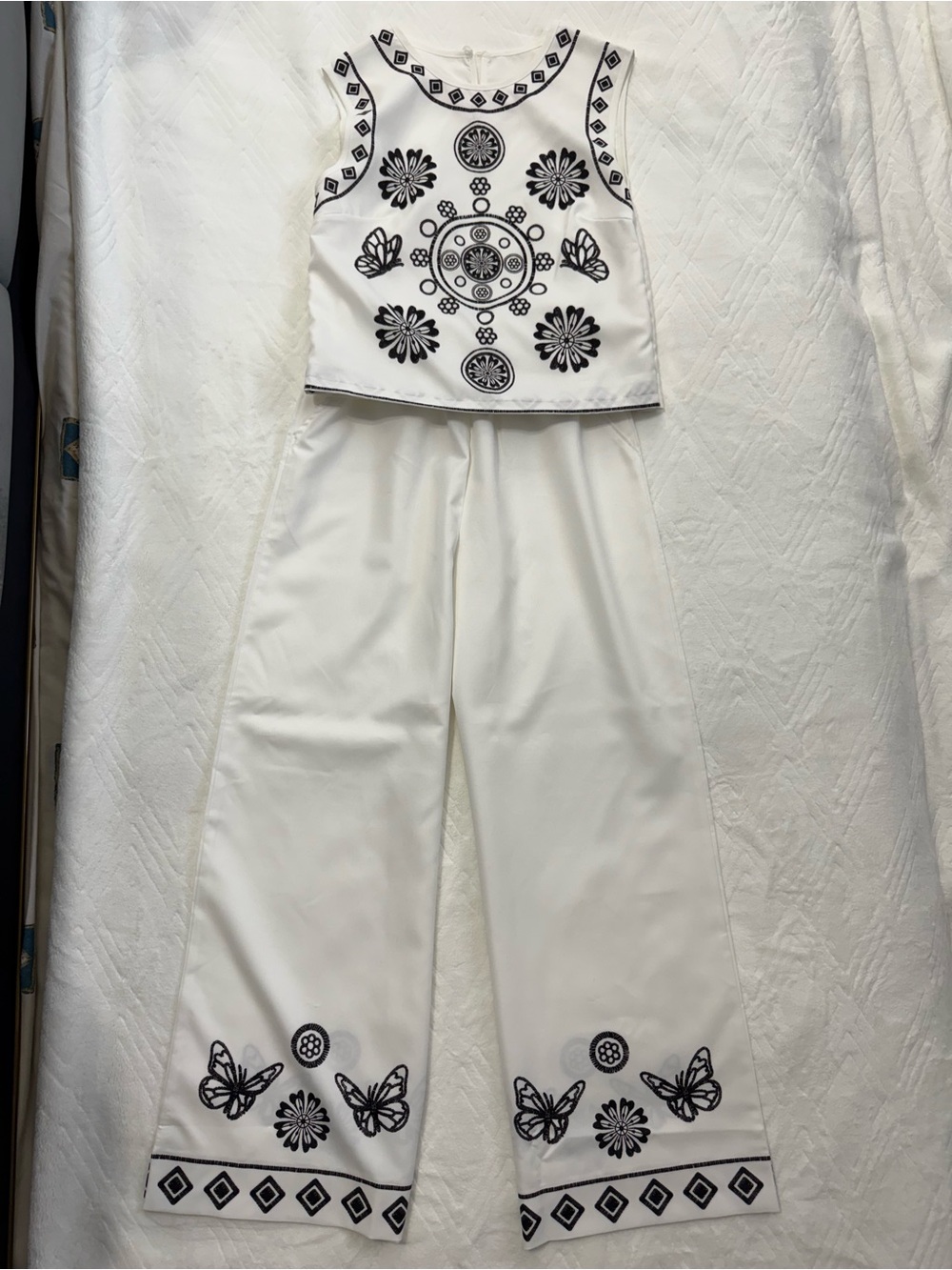 SHEIN White Two-Piece Embroidered Wide-Leg Jumpsuit Set